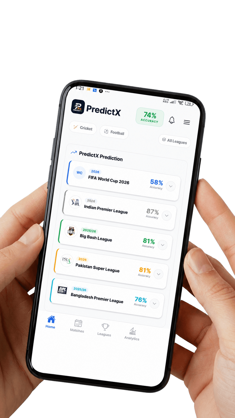 PredictX sports predictions displayed on a phone held in both hands